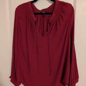 Torrid Peasant Blouse Shirt Semi Sheer Long Sleeve Tie Front Smocked Red 1X